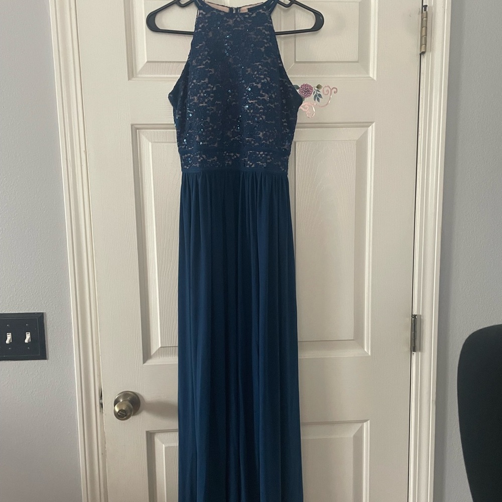 Nightway navy lace sequin jersey halter maxi gown dress Size 8